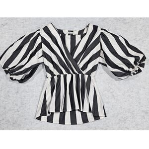 Trina Turk Large Puff Sleave Blouse, Black White, Surplice Neckline, Sz S